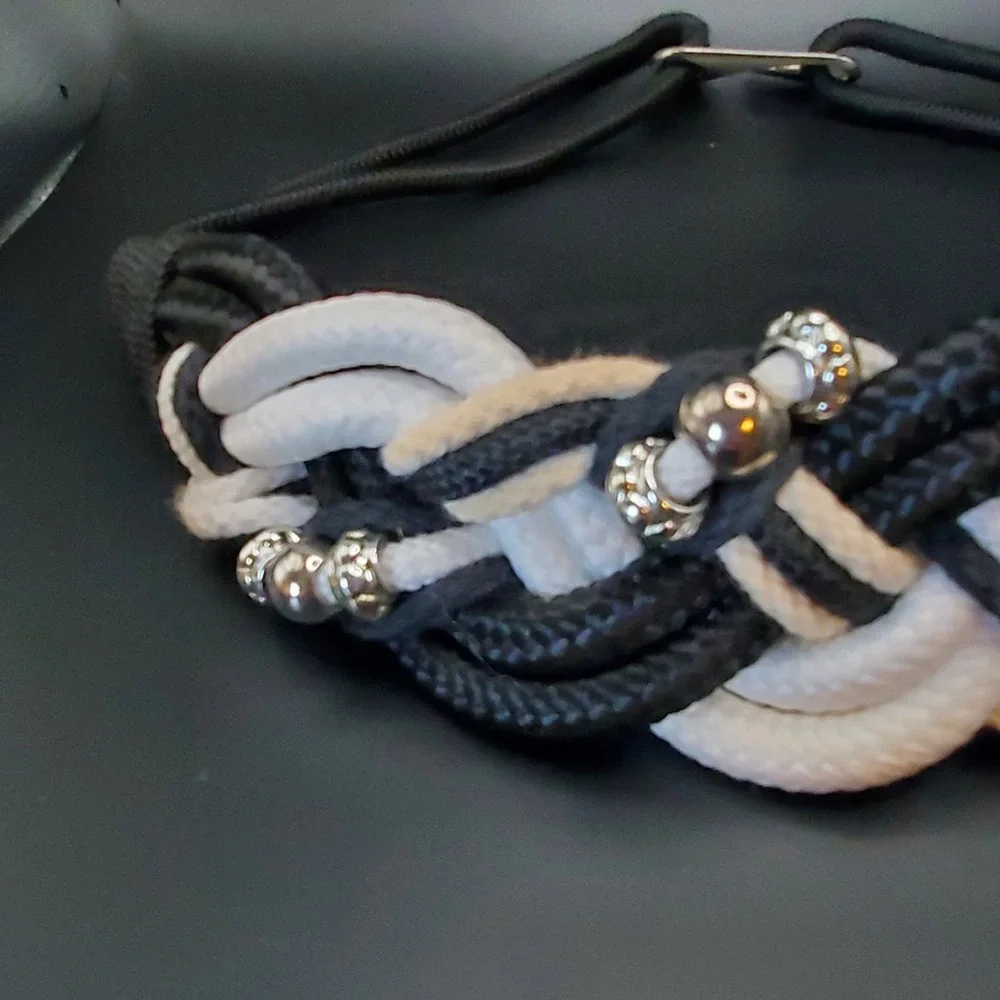 Retro 80's‎ Women's Belt Cumberbund Black Fabric Rope Twisted W/Silver Beads